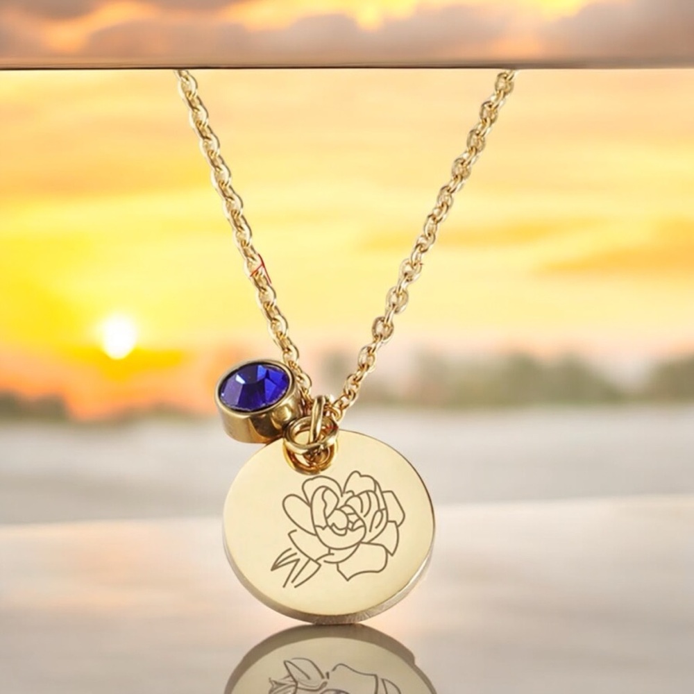 NWT 18k gold plated stainless steel month flower and birthstone necklace 18”
